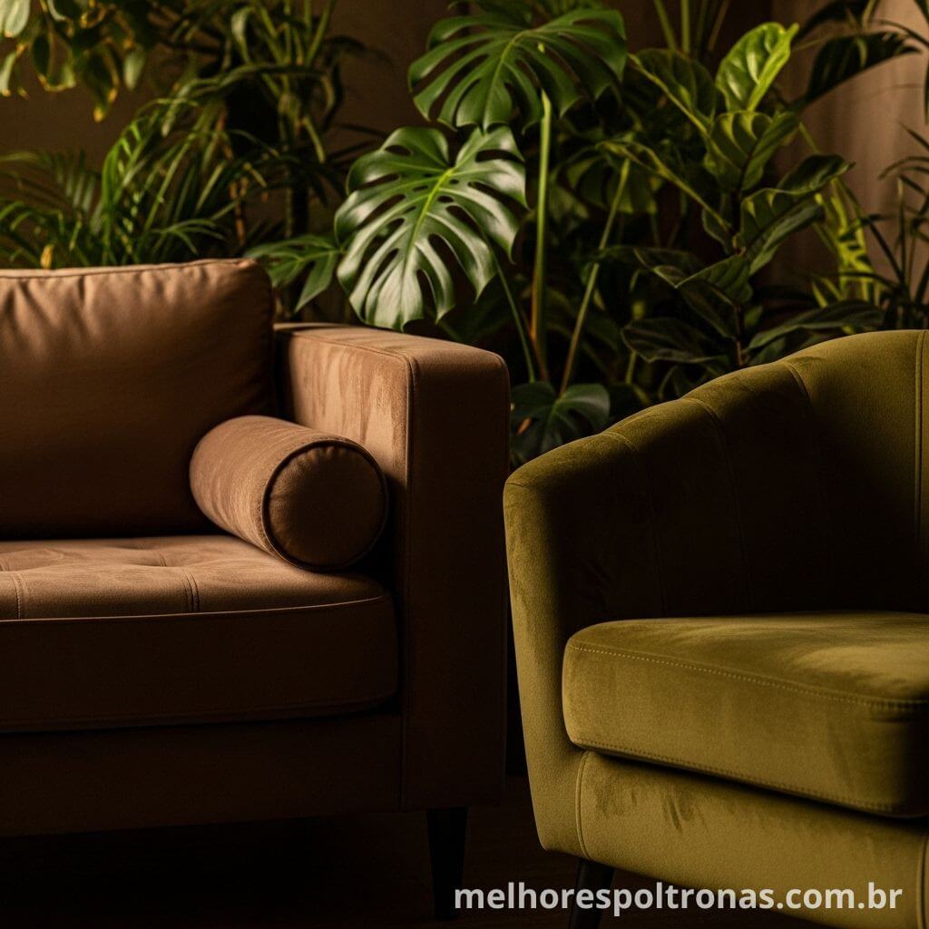 Combinação de tons terrosos com um sofá marrom e uma poltrona de veludo na cor verde musgo.