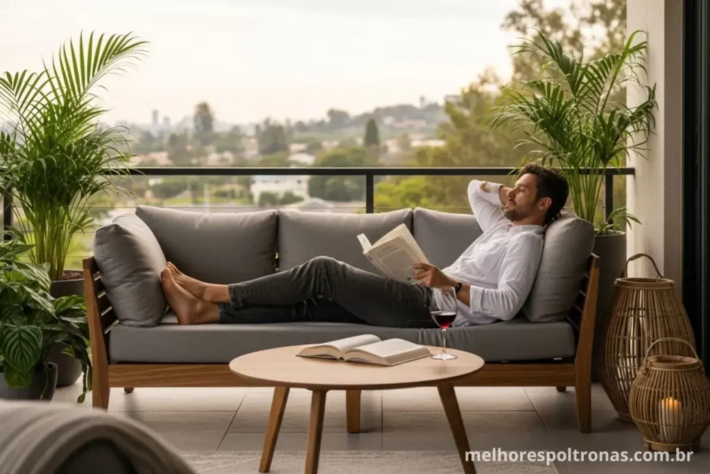 Homem lendo confortavelmente em um sofá para área externa, cercado por plantas, demonstrando o conforto para varandas.