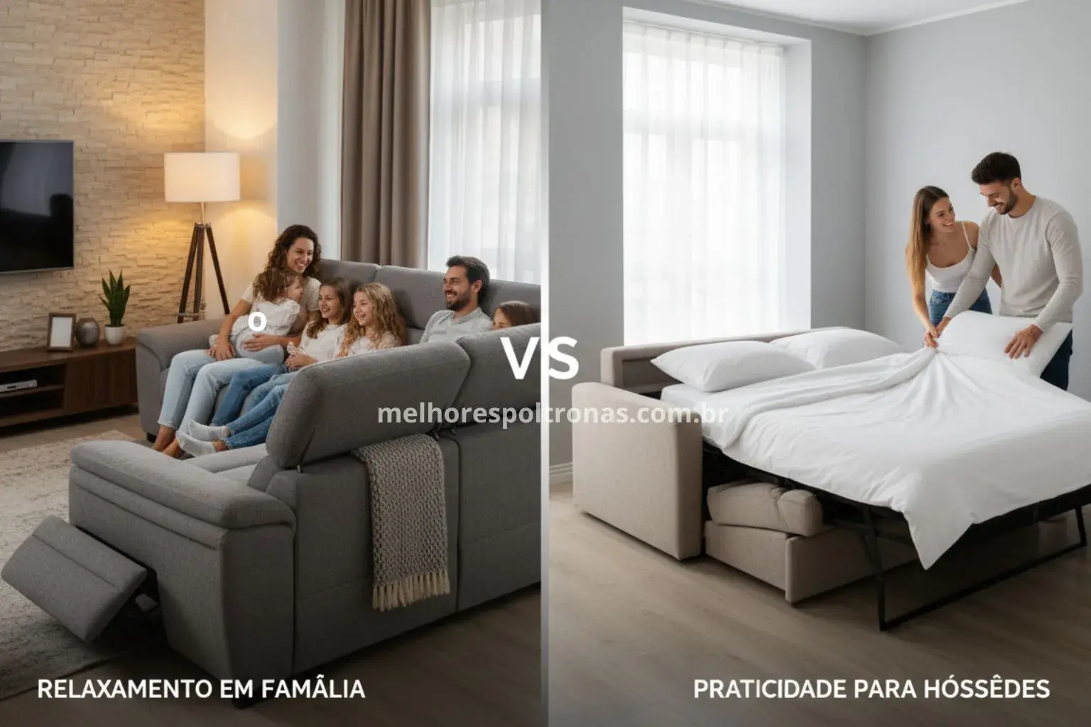 Comparativo visual entre um sofá retrátil, focado no conforto, e um sofá-cama, focado na versatilidade, ajudando na escolha.