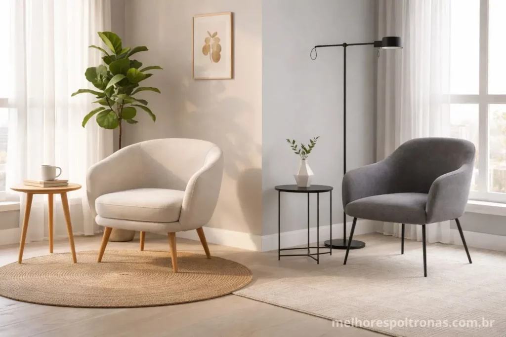 Duas poltronas modernas de luxo, uma bege e uma cinza, em uma sala de estar iluminada com design biofílico e minimalista.