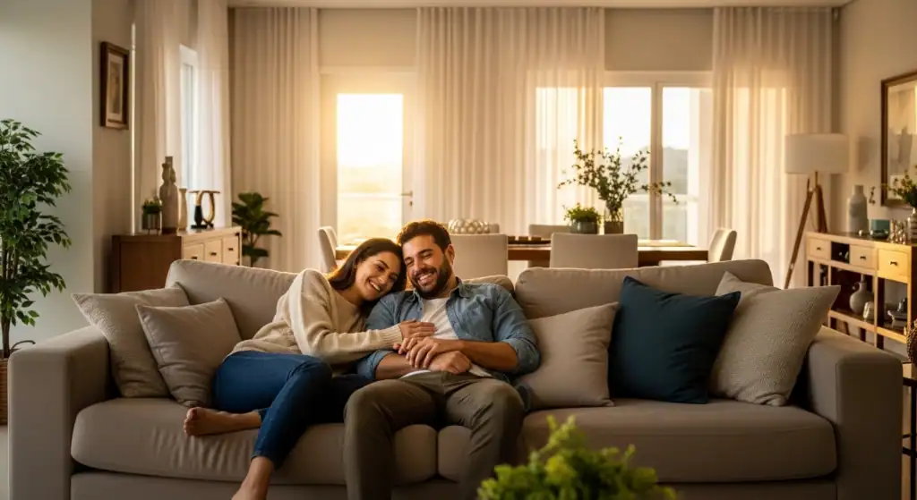 Casal feliz relaxando em um sofá confortável, a escolha do mês do nosso guia sobre o melhor sofá para a família.