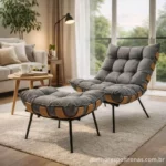 Poltrona Costela com Puff Grafite em linho, design moderno e conforto ergonômico para leitura e descanso