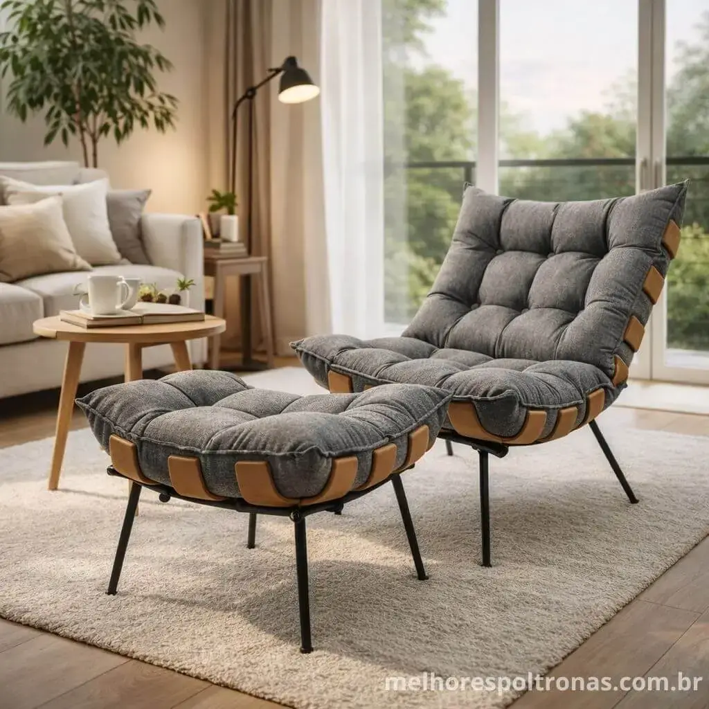 Poltrona Costela com Puff Grafite em linho, design moderno e conforto ergonômico para leitura e descanso