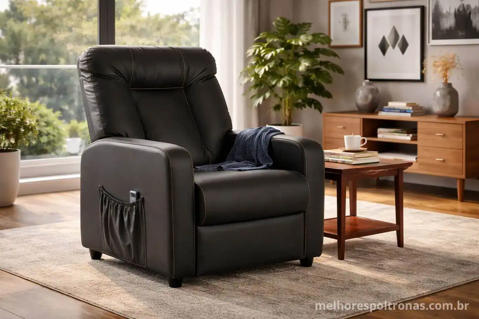 Poltrona do papai reclinável slim 2026 em couro sintético preto, posicionada em sala de estar moderna