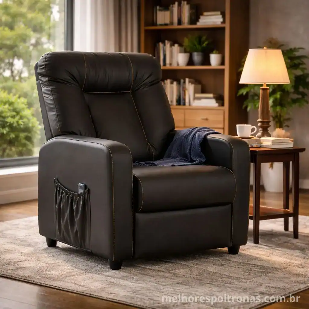 Poltrona do papai reclinável slim 2026 fechada, com design compacto e estofado em corino preto